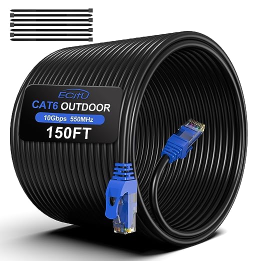 150FT Cat6 Outdoor Ethernet Cable, In-Ground, Heavy Duty Direct Burial, 24AWG CCA Patch Cord, POE, UTP, Waterproof, LLDPE UV Resistant, Network, Internet, LAN, Cat 6 Cable 150 Feet with 25 Cable Ties