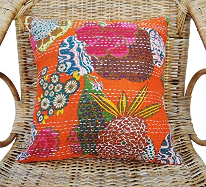 Orange Kantha Stitch Pillow Cover Floral Sofa Cushion Indian Home Decor 16" X 16"