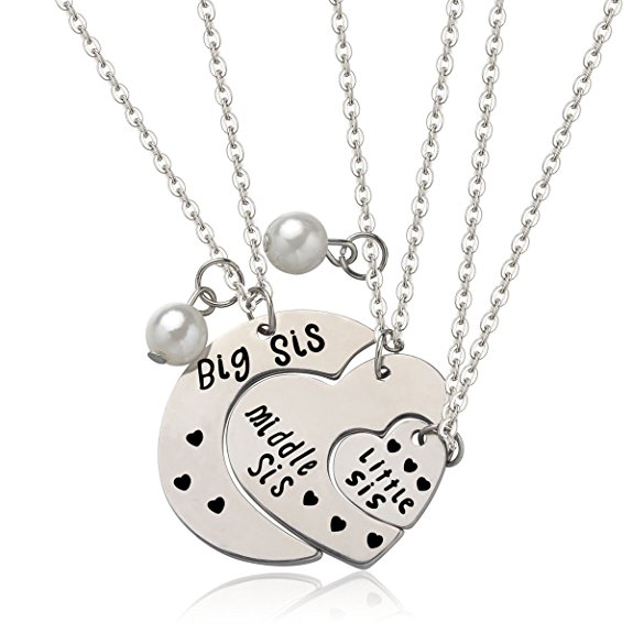 Udobuy3 Pcs Adorable Family Jewelry Set Big Sis Middle Sis Little Sis Love Heart Charm Pendant Necklace Set for Sister