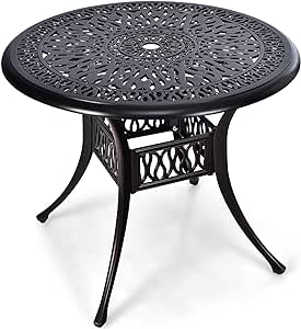 COSTWAY Garden Dining Table, Cast Aluminum Patio Bistro Table with Umbrella Hole, All-Weather Outdoor Conversation Side Table for Balcony, Backyard and Poolside, Antique Bronze (Round-91 x 91cm)