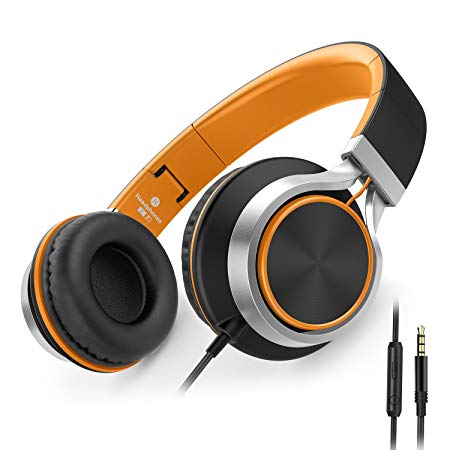 Headphones, AILIHEN C8 Lightweight Foldable Headphone with Microphone Volume Control for Android Smartphones,PC,Laptop,Mac,Tablet, 3.5mm Jack Headset (Black/Orange)