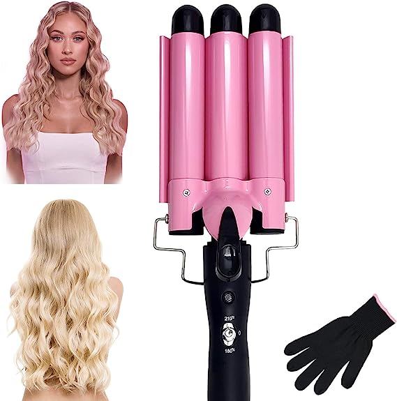 3 Barrel Curling Iron, 25mm Crimper Hair Iron Temperature Adjustable, Hair Crimper Ceramic Tourmaline Fast Heating Curling Wand with Heat Resistant Glove