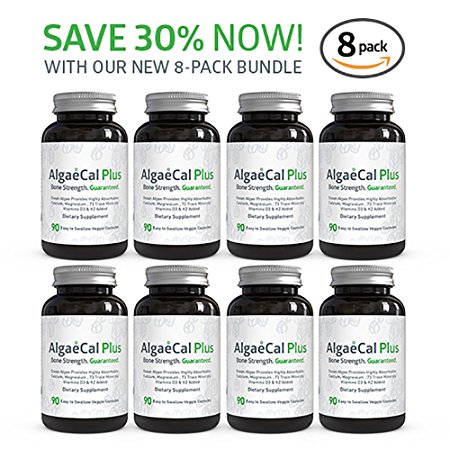 Natural Calcium and Magnesium Supplement - AlgaeCal Plus (90 Capsules) - All-Natural, USDA Certified Organic Algae - 3 Vitamins and 73 Trace Minerals Aid in Restoring Strong and Healthy Bones (8 Pack)