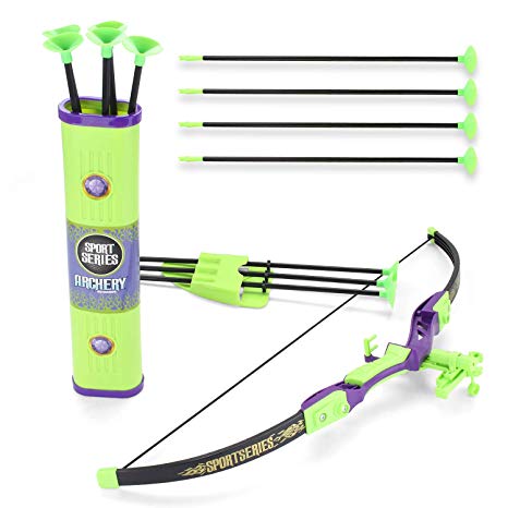 EXERCISE N PLAY Sport Series Archery Shooting Toy Green Bow & Arrow Play Set for Kids with Shoulder-Strapped Quiver and 12 Suction Cup Arrows