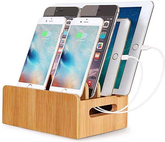 Bamboo Charging Docking Station 4 Port Desk Cable Organizer for Multiple Devices Desktop Phone Stand Holder Mount Compatible with iPhone11 Pro Max XS XR X Max 8plus Samsung S10 S9 Google Pixel LG iPad