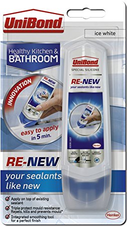 UniBond Re-New Silicone Sealant / White sealer for bathroom, kitchen, sink or shower / Triple protect mould resistance / 1 x 100ml