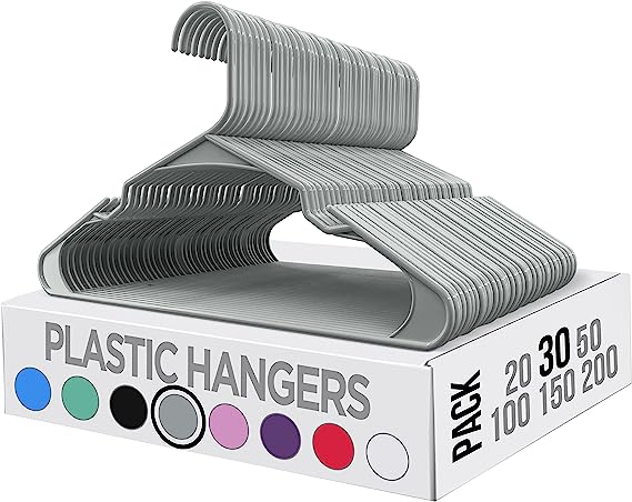 Utopia Home Clothes Hangers 30 Pack - Plastic Hangers Space Saving - Durable Coat Hanger with Shoulder Grooves (Grey)