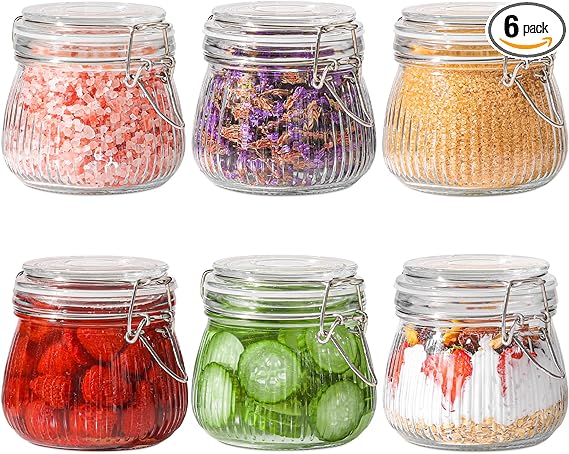 ComSaf Airtight Glass jar with lid 17oz Set of 6, Glass Storage Containers with Lids, Glass Canister, Small Striped Clip Fastening Jar for Kitchen Canning, Overnight Oats, Pickle, Sugar, Spice