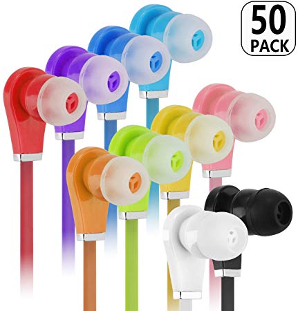 Bulk Earbuds with Microphone - Wholesale 50 Pack Earphones Noodle Headphone with Mic Multi Colored Ear Buds Bulk for School Classroom Students Kids and Adult (50Pack,Mix10color)