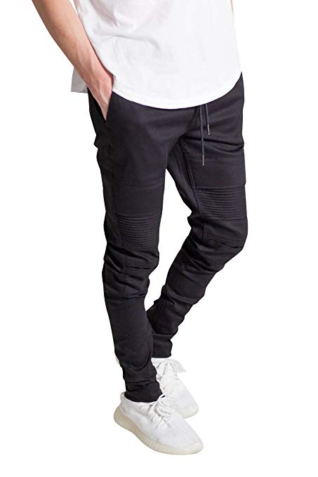 KNDK Men's Tapered Skinny Fit Stretch Twill Cotton Drawstring Ankle Zip Moto Pants