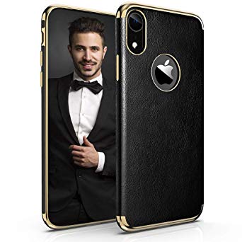 LOHASIC iPhone XR Leather Case, Slim fit Premium Leather Luxury Electroplating Soft Flexible TPU Hybrid Bumper Non-Slip Grip Shockproof Full Body Protective Cover Cases for iPhone XR 6.1 inch (Black)