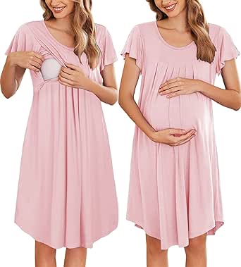 Ekouaer Nursing Nightown Labor and Delivery Gown for Hospital Pleated Breastfeeding Dress Short Sleeve Maternity Sleepwear