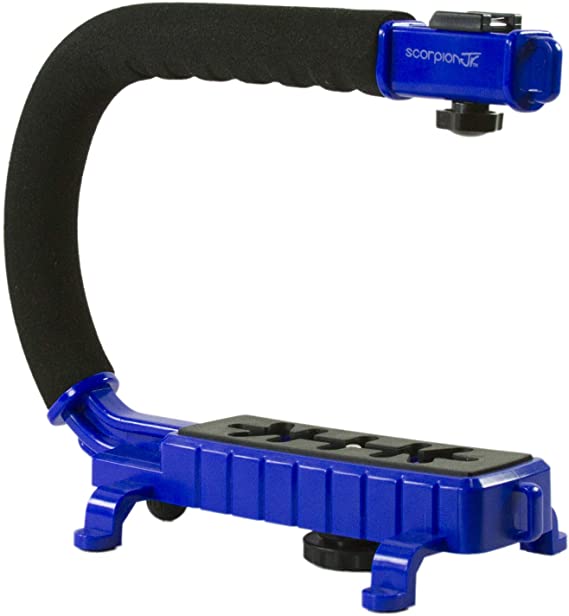 Cam Caddie Scorpion Jr Stabilizing Camera Handle for DSLR and GoPro Action Cameras - Professional Handheld U/C-Shaped Grip with Integrated Accessory Shoe Mount for Microphone or LED Video Light - Includes: Smartphone / GoPro Adapters and 1/4-20 Threaded Mounting Knob - Blue