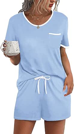 Ekouaer Pajama Set for Women 2 Piece Lounge Set Short Sleeve Tops and Shorts Soft Sleepwear, Chest Pocket