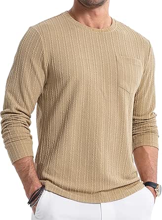 JMIERR Men's Long Sleeve Shirts Casual Crewneck Pullover T-Shirt Stretch Textured Knit Tee with Pocket