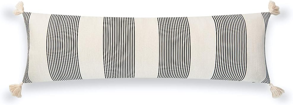 Hofdeco Modern Boho Moroccan Indoor Outdoor Body Lumbar Pillow Cover ONLY for Bed, Backyard, Couch, Sofa, Neutral Black Stripe Tassels, 12"x40"