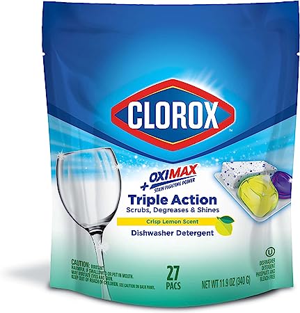 Clorox Triple Action  OxiMax Dishwasher Detergent Pacs, 27 Count Dishwashing Pacs, Lemon Scent
