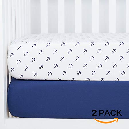 TILLYOU 100% Natural Cotton Crib Sheets Set, Printed Nautical Anchor Toddler Sheet Set for Baby Boys, Soft Breathable Hypoallergenic, 28"x52", 2 Pack Navy Blue & Nautical Anchors