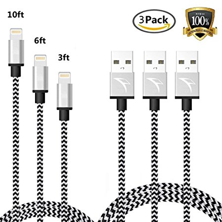 New iPhone Charger Cables: 3-Pack Gray 3ft, 6ft and 10ft 8 Pin Lightning to USB Cable, Sync Cord, Nylon Braided Charging Cord for Apple iPhone 7, 7 Plus, iPhone 6s, 6s , 6 , 6,5s 5c 5,iPad Mini, Air,iPad5,iPod on iOS9