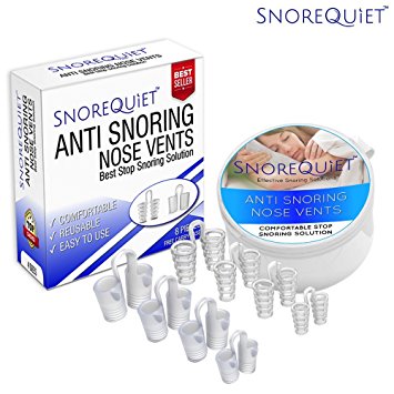 Anti Snoring Clip Aid Solution Nose Vents by SnoreQuiet (8 Pack - 4 Sizes) - Stop Snoring Device Plug Nose Piece - Recommended by Doctors Over Mouthpiece and Chinstrap to Stop Snore (New 2018)