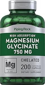 Piping Rock Magnesium Glycinate Capsules | 750mg | 200 Count | High Absorption | Chelated | Non-GMO and Gluten Free Supplement