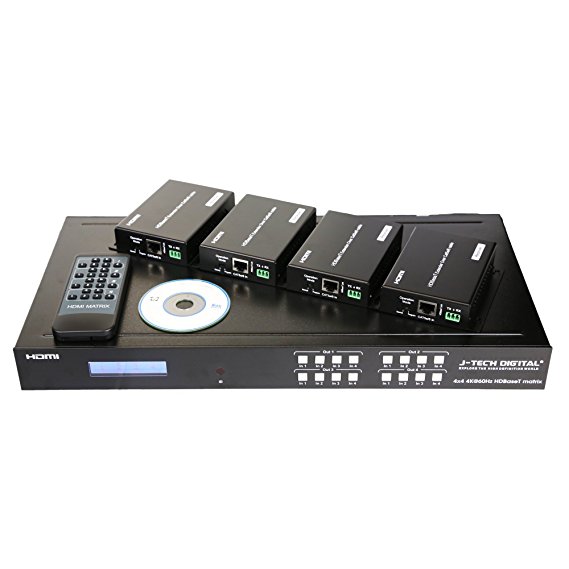 J-Tech Digital ProAV HDBaseT HDMI 2.0 HDCP 2.2 4K 4X4 HDMI Matrix Extender Switcher With 4 POE Receivers Over Single Cat5e/6 Cable Supports Ultra HD 60HZ @ 4Kx2K