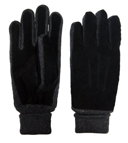 Loritta Pigskin Suede Leather Gloves Winter Warm Driving Gloves with Rib-knit Cuff, Black
