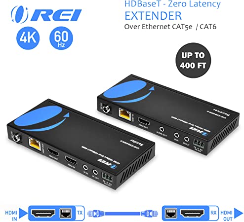 4K HDMI Extender Balun by OREI - HDBaseT UltraHD 4K @ 60Hz 4:4:4 Over Single CAT5e/6/7 Cable with HDR, CEC & IR Control, RS-232 - Up to 400 Ft - Loop Out - Power Over Cable - Audio Out (UHD-EXB400R-K)