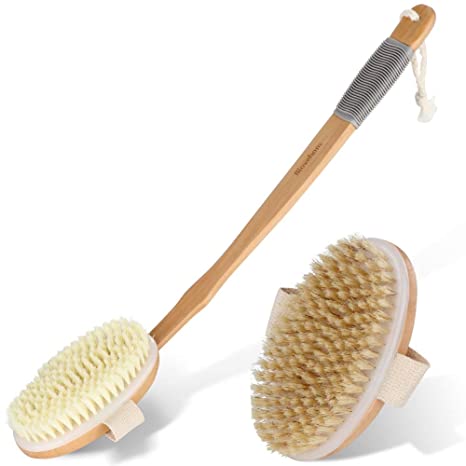 Shower Brush with Long Handle, Back Body Brush with Natural Stiff Bristles and Soft Bristles for Wet or Dry Brushing, Set of 2, Exfoliate and Clean Skin for Man and Woman