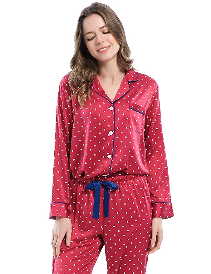 Serenedelicacy Women's Silky Satin Pajamas, Button Up Long Sleeve PJ Set Sleepwear Loungewear