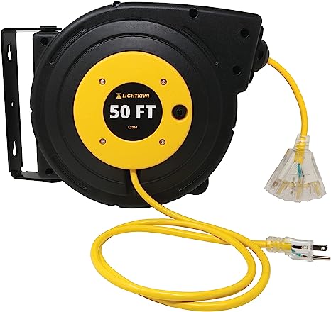 Lightkiwi L3794 50-ft Retractable Extension Cord Reel, 14/3 AWG SJTOW Power Cord, Lighted Triple Tab Outlet Electric Cord Reel, 4.5-ft Lead-In Cord, Swivel Wall/Ceiling Mounting Bracket, UL Listed