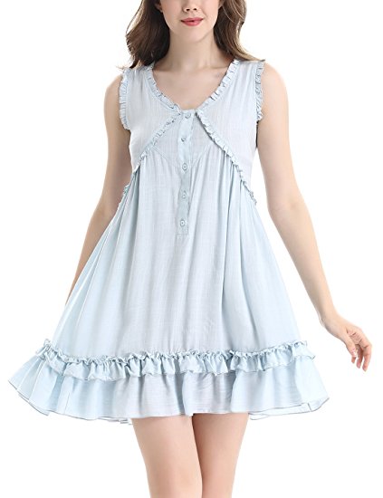 Womens Victorian Vintage Sleeveless Button Sleepwear Nightgown Ruffle Short Dress by NORA TWIPS(XS-XL)