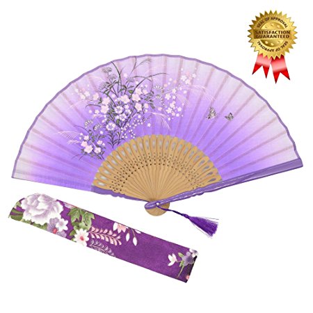 OMyTea Grassflowers 8.27"(21cm) Hand Held Folding Fans - With a Fabric Sleeve for Protection for Gifts - Chinese/Japanese Vintage Retro Style (Purple)
