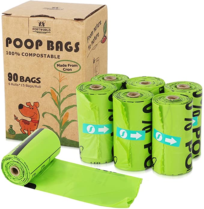 Biodegradable Dog Poop Bags Compostable Plant-based Pet Waste Bags Refill Rolls, PORTWORLD Earth-friendly Doggie Bags for Poop (90 Counts,8.6 x 13.1 inches)