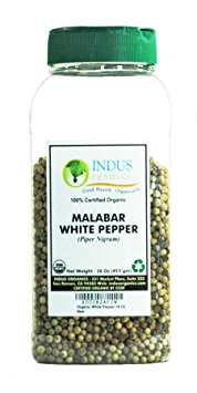 Indus Organics Malabar White Peppercorns, 1 Lb Jar, Premium Grade, High Purity, Freshly Packed