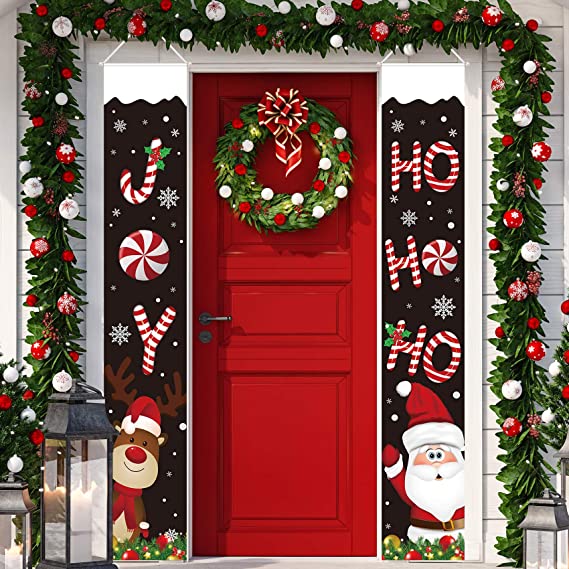 Christmas Porch Sign Decoration Christmas Hanging Banner with Santa Claus Deer Outdoor Xmas Banner Front Door Sign Banner for Indoor Outdoor Holiday Home Decoration