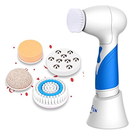SKINFUN IPX7 Waterproof Facial Cleansing Brush Body and Face Scrubber Skin Microdermabrasion Exfoliator and Massager Bi-directional Rotation with 5 Brush Heads