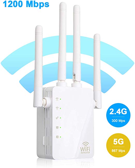 【2019 Upgraded】 WiFi Range Extender | Up to 1200Mbps | 2.4GHz and 5.8GHz Dual Band, Repeater, Internet Booster, Access Point with 4 Antennas 2 Ethernet Ports | Extend WiFi Signal to Smart Home