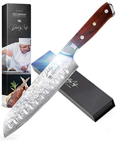 Daddy Chef Damascus Santoku Knife - Bunka bocho 7 inch Japanese VG10 67 Layer Stainless Steel - Kitchen Granton Edge Professional and home - Carving fillet chefs knives - Ergonomic G10 Wood Handle