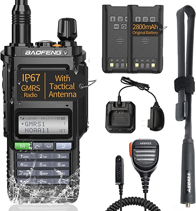 Baofeng GMRS-9R GMRS Radio Waterproof IP67 Two Way Radios GMRS Repeater Capable Rechargeable Walkie Talkies Long Range NOAA Weather Alerts Scan with Extra Tactical Antenna,2800mAh Battery,Speaker Mic