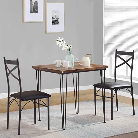 VECELO Modern Industrial Style 3-Piece Dining Room Kitchen Table and Pu Cushion Chair Sets for Small Space, 2, Retro Brown