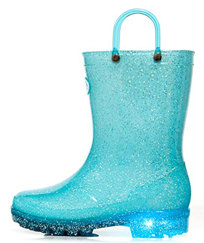 Outee Toddler Kids Light Up Rain Boots Waterproof Lightweight Glitter Boots Collection with Handle