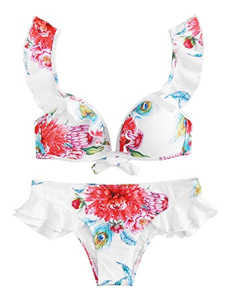 SOLY HUX Women's Sexy Flower Print Ruffle Strap Triangle Bikini Set Swimwear
