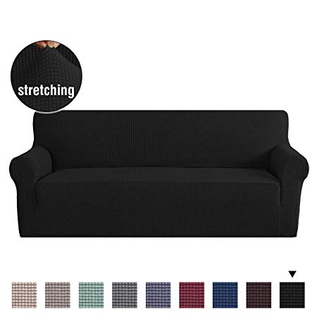 Stretch Sofa Slipcovers Sofa Covers 1 Piece Furniture Protector Rich Textured Lycra High Spandex Small Checks Knitted Jacquard Sofa Cover, Sofa 3 Seater, Black