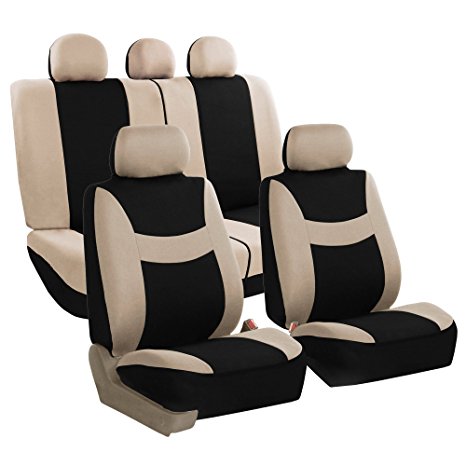 FH GROUP FH-FB030115-SEAT Light & Breezy Beige/Black Cloth Seat Cover Set Airbag & Split Ready- Fit Most Car, Truck, Suv, or Van