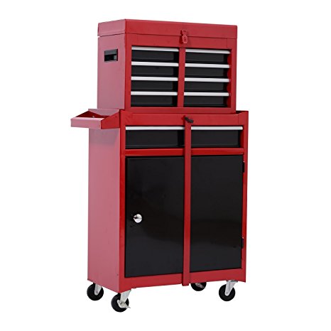 HomCom Rolling Tool Cabinet Chest with 5 Drawers and Removable Tool Box - Red and Black