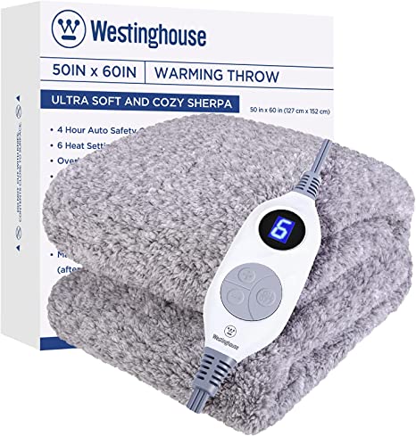 Westinghouse Electric Blankets Heated Throw Soft Cozy Sherpa Heating Blanket, 6 Heat Settings & 4 Hours Auto Off Grey Back Printing 50x60in