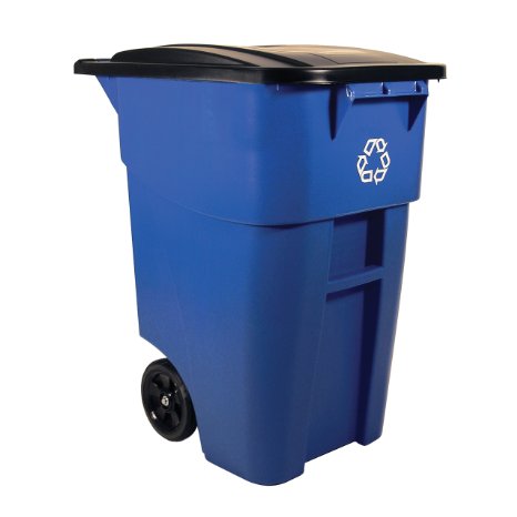 Rubbermaid Commercial FG9W2773BLUE BRUTE Heavy-Duty Rollout Waste/Utility Container, 50-gallon with Recycling Logo, Blue