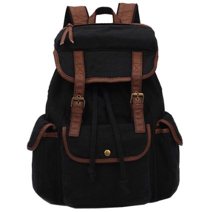 Mona Vintage Women and Men Canvas Backpack With Leather Trim for Travel,Hiking and Camping (Black)