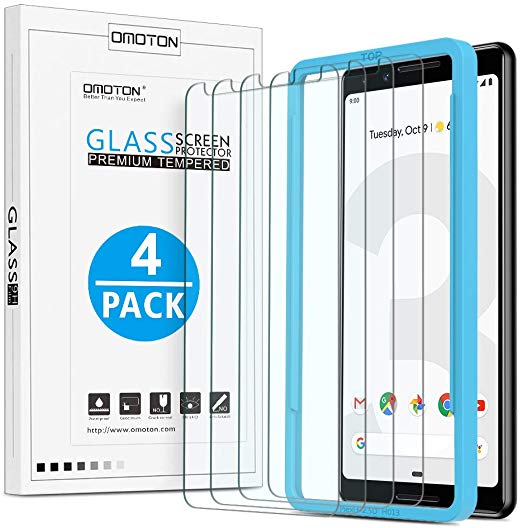 OMOTON [4 Pack] Screen Protector for Google Pixel 3 [5.5 Inch], Tempered Glass/Alignment Frame/Scratch Resistant/Only Cover Display Area